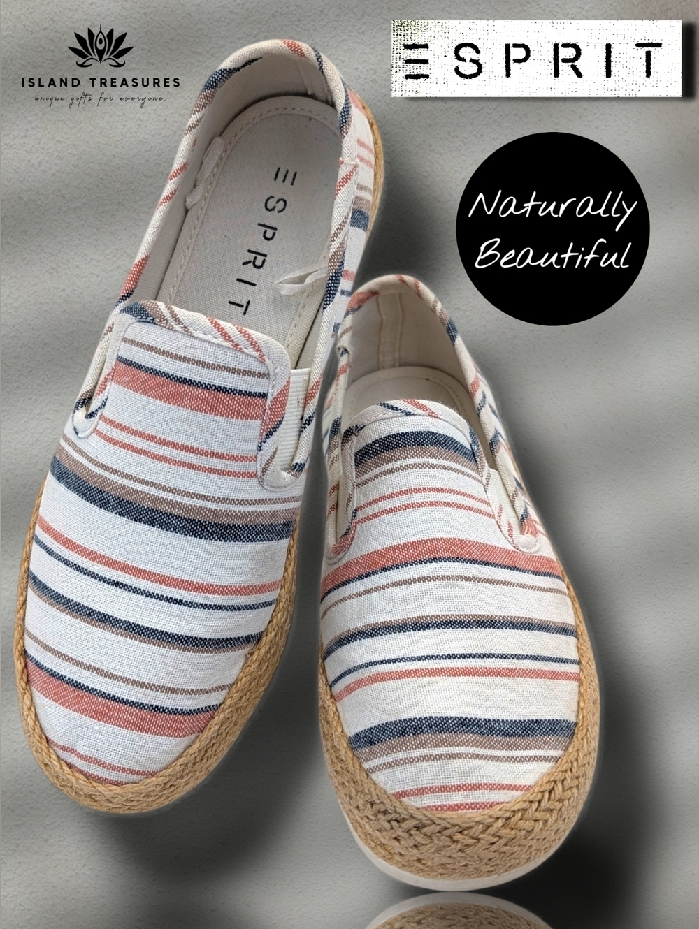 Esprit "Nadine" Size 6.5M Women's Neutral Coastal Sun-Washed Striped Espadrille